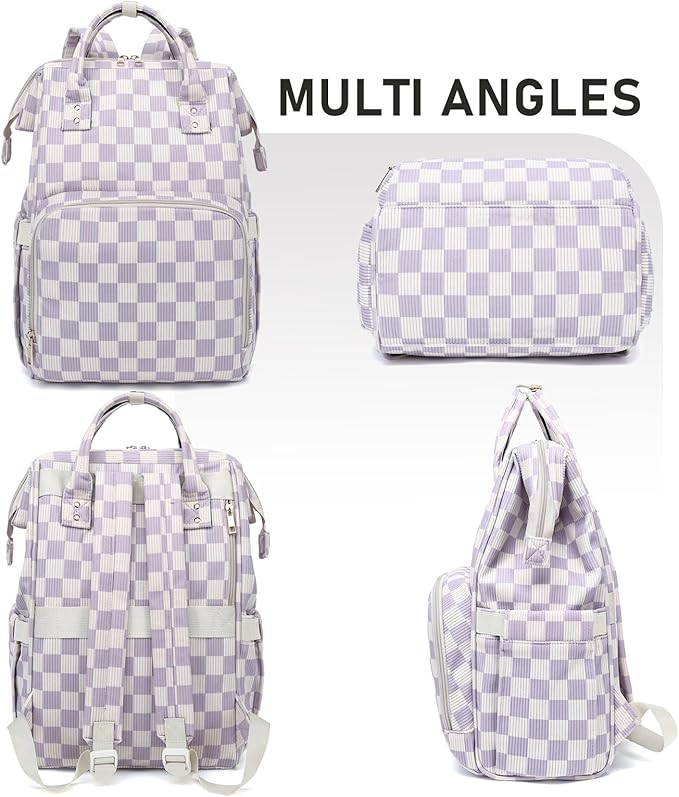 Laptop Backpack for Women, Corduroy College School Backpack Bookbag 15.6 inch Business Computer Travel Backpack (Checkered Purple)