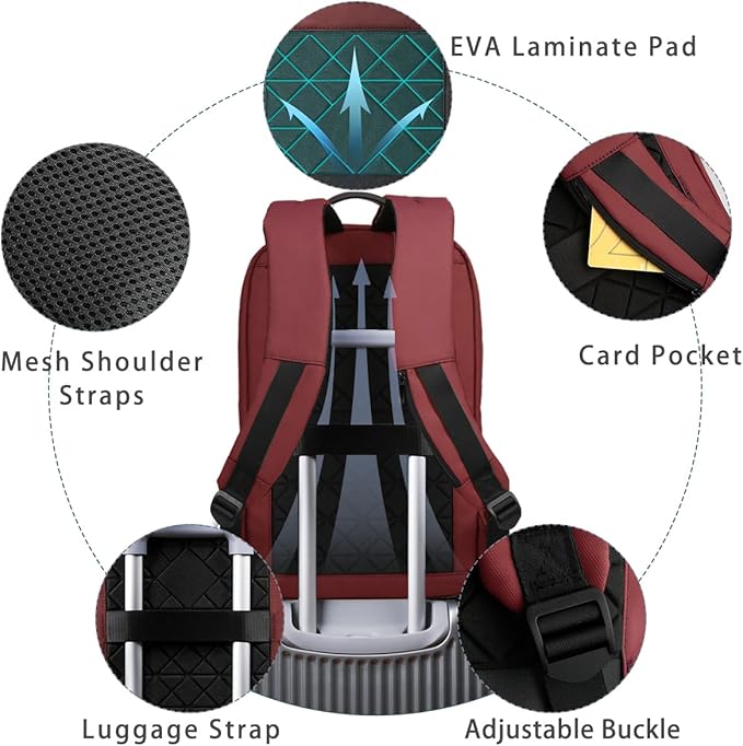 hk Backpack for Men Business Slim Backpack with USB Charger Computer Lightweight Anti-theft Travel (Red, 15.6 Inch)