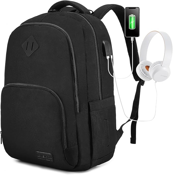 LOVEVOOK School Backpack for Women Men Black Backpack with 17.3" Laptop Compartment Lightweight Bookbag for College Work High School