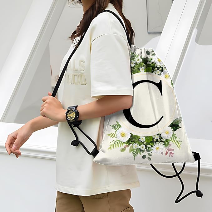 Initial Letter Drawstring Backpack String Sports Gym Bags Waterproof Sackpack Cute for Men Women Beach (13"×17") (Letter-C)