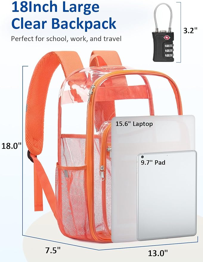 Extra Large Clear Backpack with TSA Lock, Heavy Duty Transparent See Through Clear Bookbag for College, Work, Travel, Casual Sport, Orange