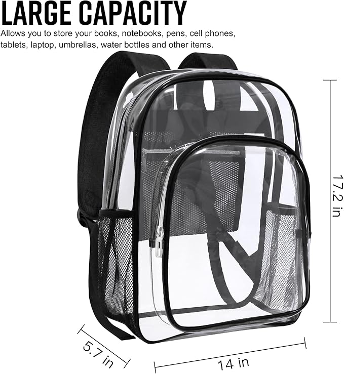 HEEYA Clear Backpack Heavy Duty Transparent Backpack for Security, Sports, Work, Travel, Stadium
