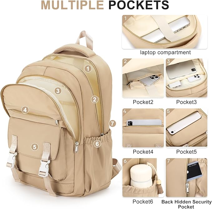 School Backpack For Women Men College Backpack With Lots Of Pockets Cute BookBag Casual Daypack Backpacks For Teens Girls Boys Waterproof(Khaki)