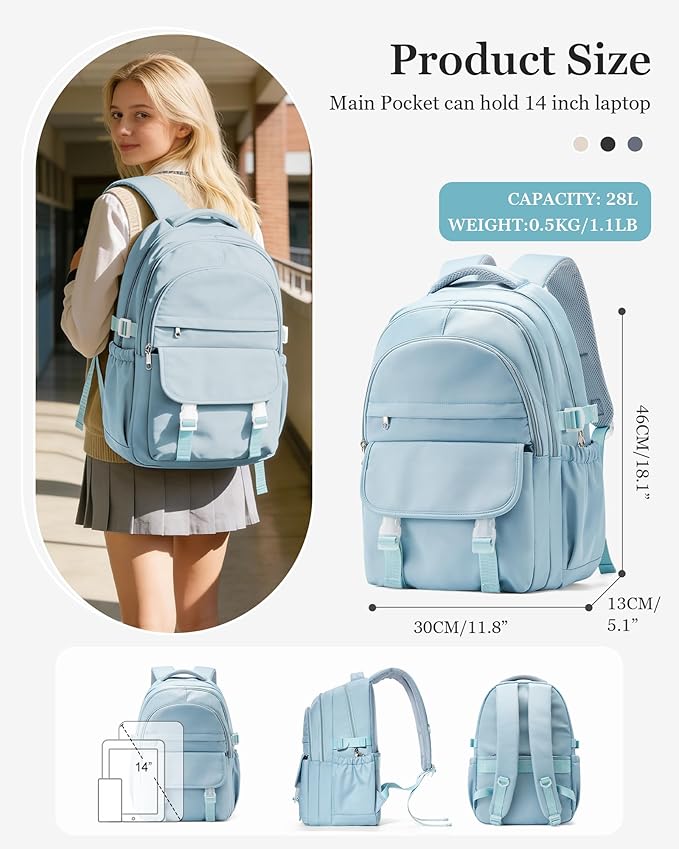 Waterproof Aesthetic Backpack For School, Cute High School Bookbag For Teen Girls Boys, Lightweight Casual Daypack Backpack For Women Men, College Backpack With Lots Of Pockets（Blue）