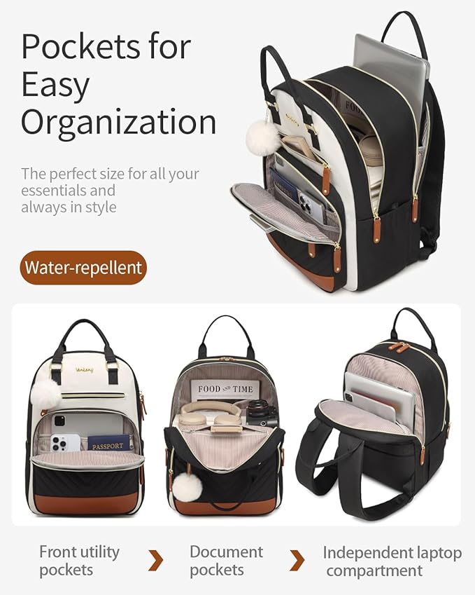 Womens Travel Backpack, Girls Bookbag with Charging Hole for High School, Cute Large Capacity Computer Bag for Work Casual, BeigeBlack Brown