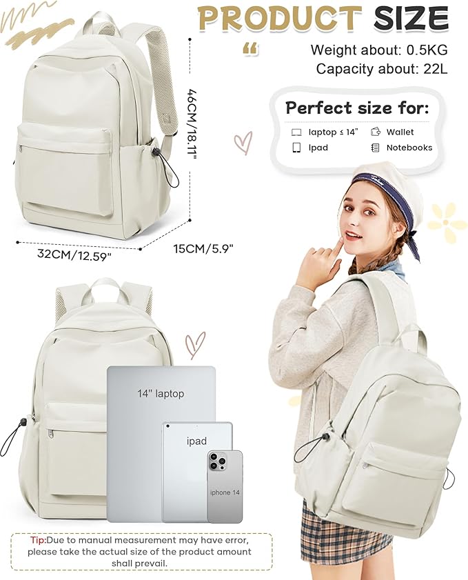 SEAFEW Small Backpack for School Girls Kids Women, Waterproof Bookbag Cute High School Backpack for Men Teen Boys, Lightweight College Back Pack Mochilas Escolares para Casual Daypack Rucksack White