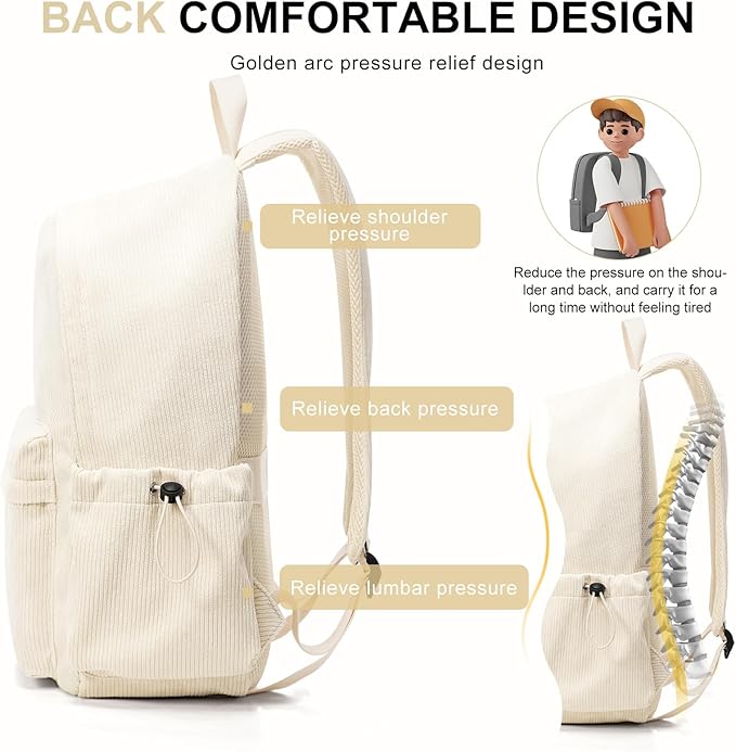 School Backpack for Teens Boys Girls Cute Corduroy Bookbag Classic Casual High School Bag Lightweight College Backpack For Women Men(Beige)