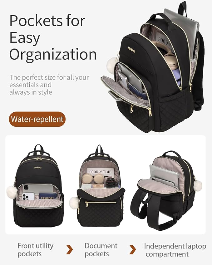 Laptop Backpack Women School Backpack for High School Teen Girls, Water Resistant College Bookbag with Charging Hole for Travel Work, Black