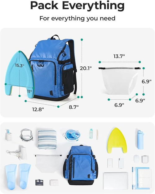 BAGSMART 2 Piece Swim Bag for Swimmers with Shoe Compartment, 35L Waterproof Swim Backpack for Men and Women, Swimming Sports Gym Bag