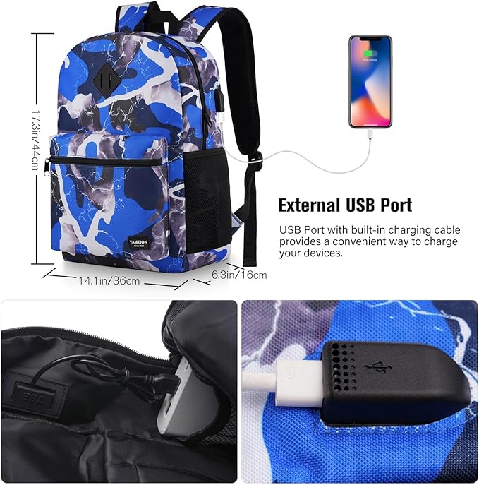 YAMTION School Backpack Stone Textured,Classic Bookbag Men and Teen Boy Schoolbag with USB Charging Port for High School College Office Work Travel