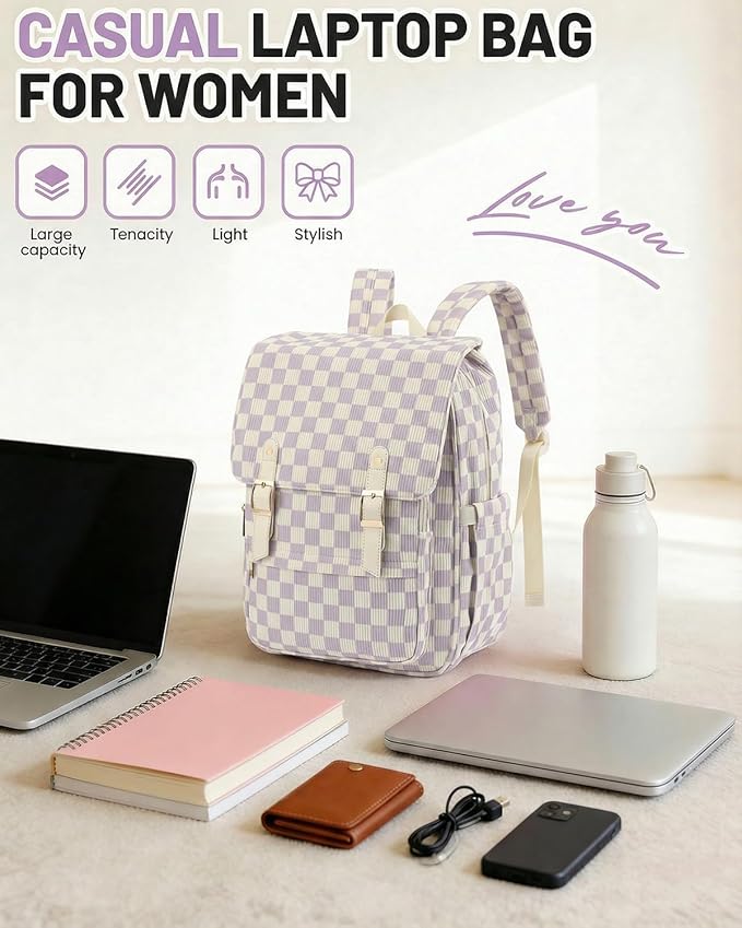 Corduroy Laptop Backpack for Women, Fits 15.6 Inch Computer Bag, College High School Bookbag Travel Daypack Purse, Work Business Bags - Corduroy Checkered Purple