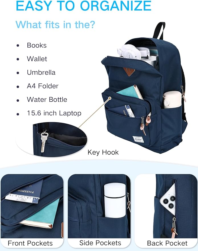 RAVUO School Backpack for Men | Classic Bookbag for 15.6inch Laptop, Water Resistant College Daypack Schoolbag for Travel Work, Blue