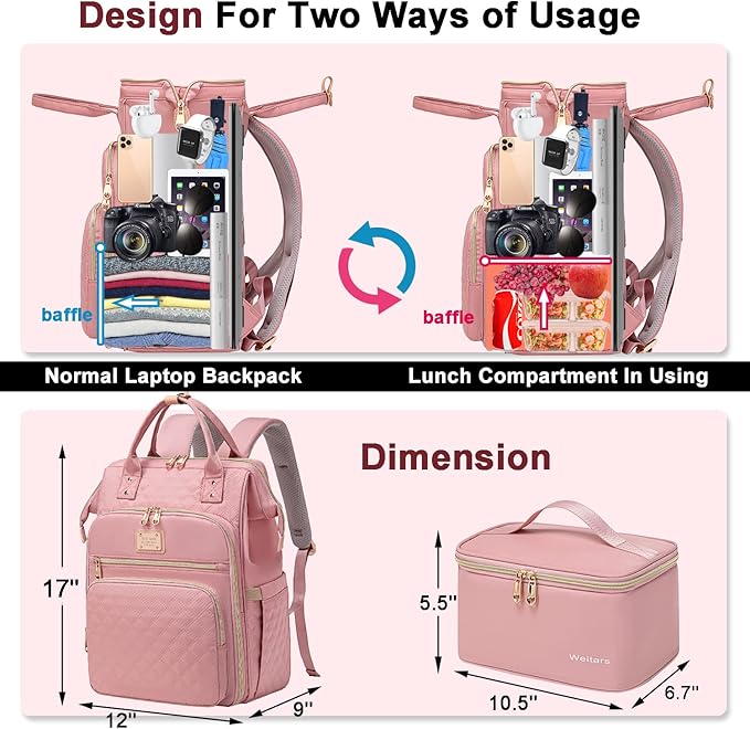 Weitars Lunch Backpack For Women,15.6 Inch Laptop Backpacks For Womens Back pack, Travel Backpacks,Work Backpack For Women (Pink)