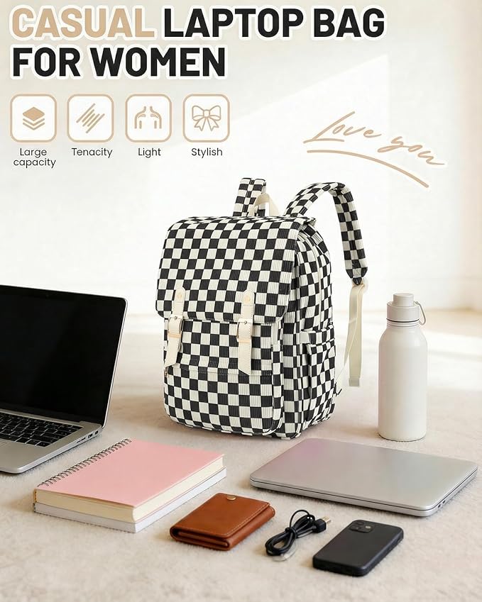 Corduroy Laptop Backpack for Women, Fits 15.6 Inch Computer Bag, College High School Bookbag Travel Daypack Purse, Work Business Bags - Corduroy Checkered Black
