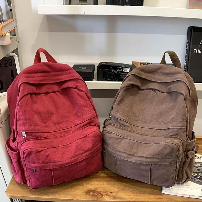 Coffee Brown Canvas Backpack for Women & Men Retro Aesthetic Rucksack Basic Backpack for High School/College Students Travel Laptop Bag