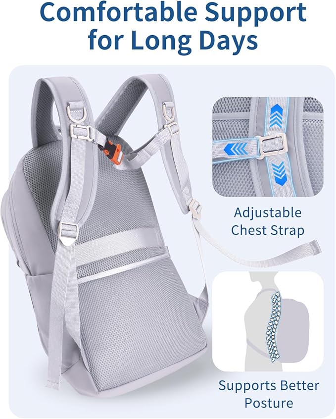 WANDF 15.6-Inch Laptop Backpack for Women, Travel Backpack Water-Resistant Lightweight College Work Backpack (Light Grey)