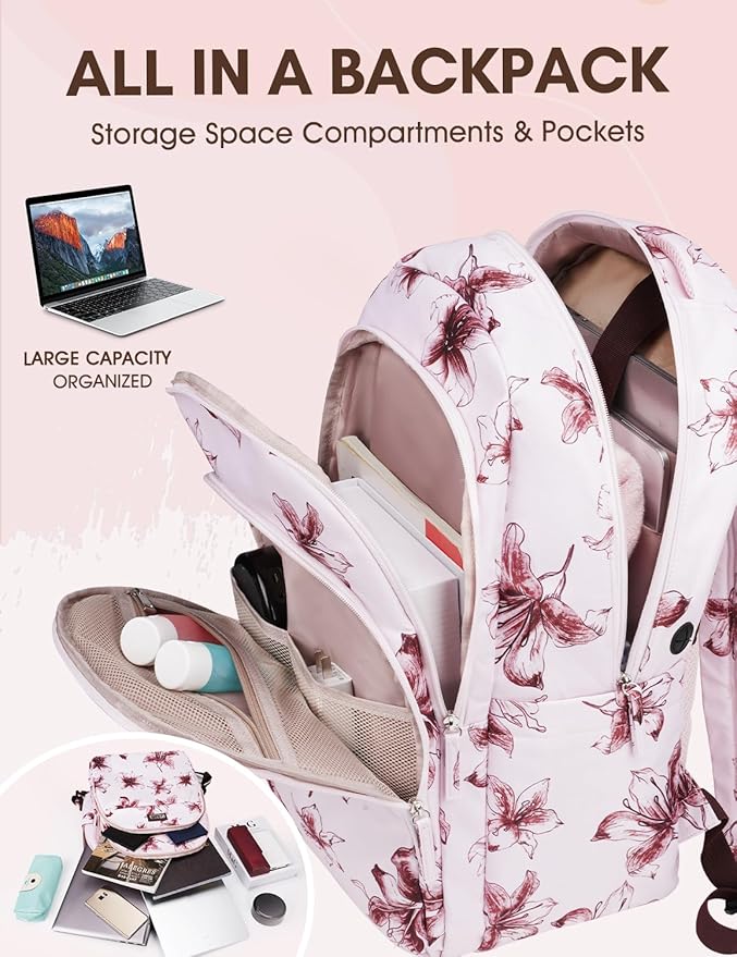 Laptop Backpack for Women, Pink Business Travel Laptops Backpack with USB Charging Hole for 17.3inch Laptop Work Bag, Sturdy Daypack Computer Backpacks Gift for Teacher Doctor Nurse College