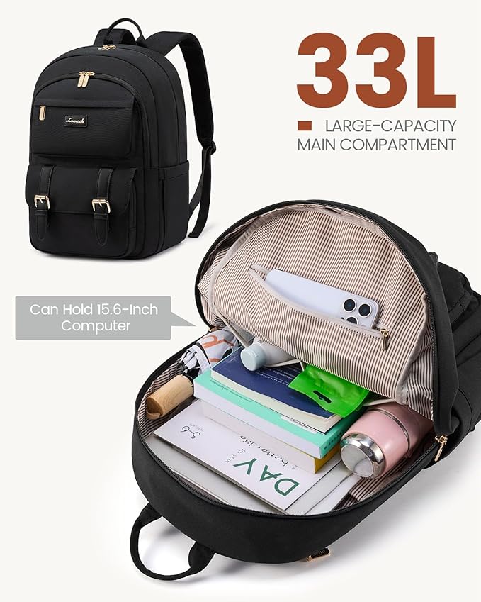 LOVEVOOK School Backpack for Women 15.6" Black Bookbag for Girls in Highschool College Casual Daypack Backpacks Water Resistent