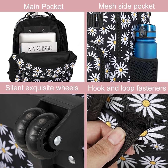 Rolling Backpack for Womens and Mens, Adults Wheeled Bookbag with Lunch Box for Girls and Boys.