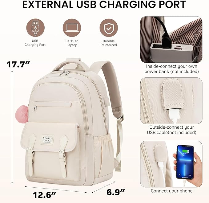 Student Laptop Backpack for College Teen Girls, Cute Middle High School Bag Women Bookbag Large Travel Back Pack Fit 15.6 Inch Laptop (Beige)