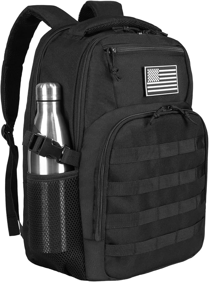 15.6'' Travel Laptop Backpack for Men, 30L Tactical College Backpacks with Water Pouches Both Sides, Portable Backpack for Men Women Business Work Bag Fight Approved, Black Backpack