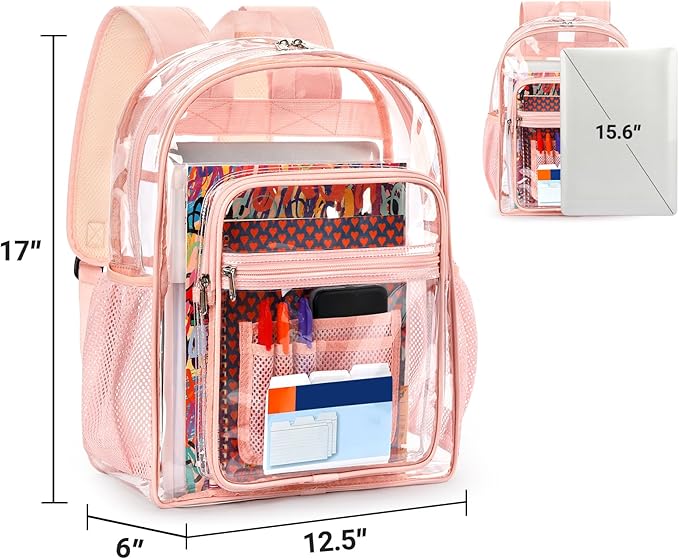 ZORFIN Clear Backpack Heavy Duty for School – 17in Transparent PVC Bag with Large Capacity & Reinforced Straps for Girls, Women - See Through Bookbag for College Workplace Security, Pink