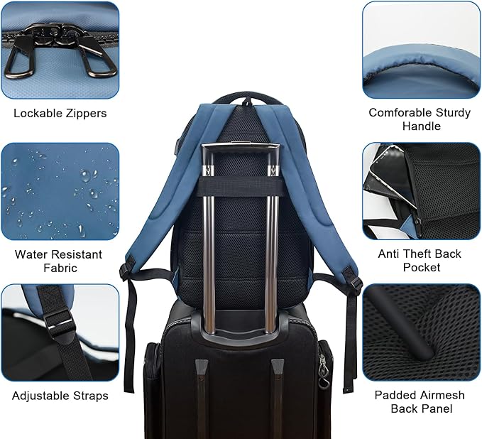 WOLT Laptop Backpack for Men Women for 15.6 Inch and 17 Inch Notebook, Travel Backpack Carry On Flight Approved with Computer Compartment, College Bookbag with USB Charging Port (Blue)