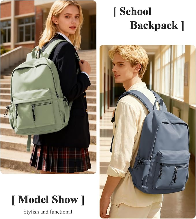 School Backpack for Girls Boys Bookbag Cute Aesthetic College Backpack Women Middle High School Teen Students Book Bag Lightweight Gym Work Laptop Casual Daypack Backpacks Men Green