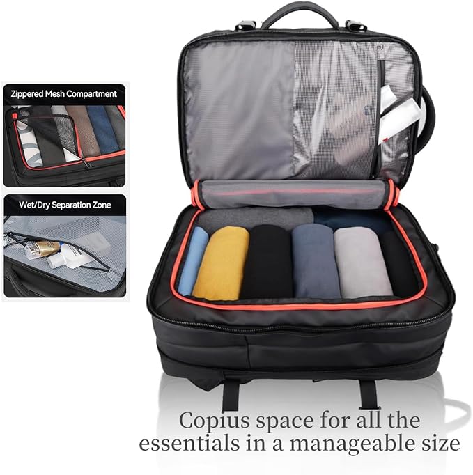reeyee 45L Carry On Backpack for Men, TSA Flight Approved Travel Luggage Rucksack, Water-Resistant Business Weekender Bag, Fits 17.3 Inch Laptop, Black