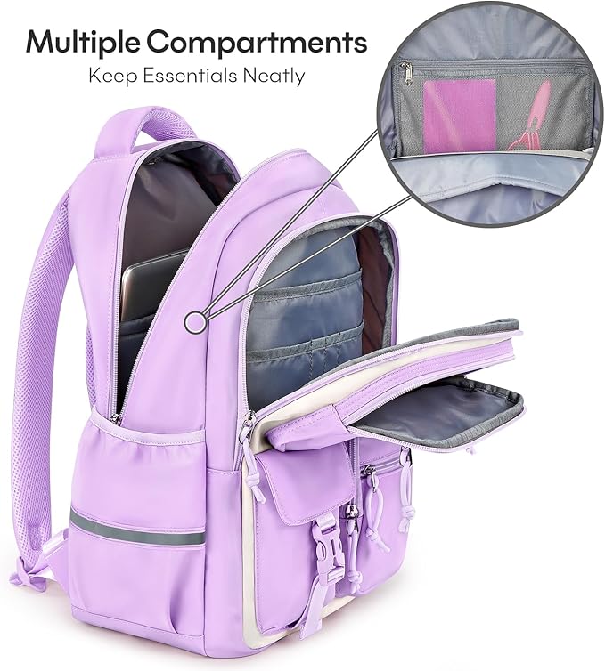 mibasies School Backpack for Teen Girls: 17.9 IN Backpack for Women with Laptop Compartment for Middle High Elementary School College Travel- Kids Bookbag Light Purple Beige