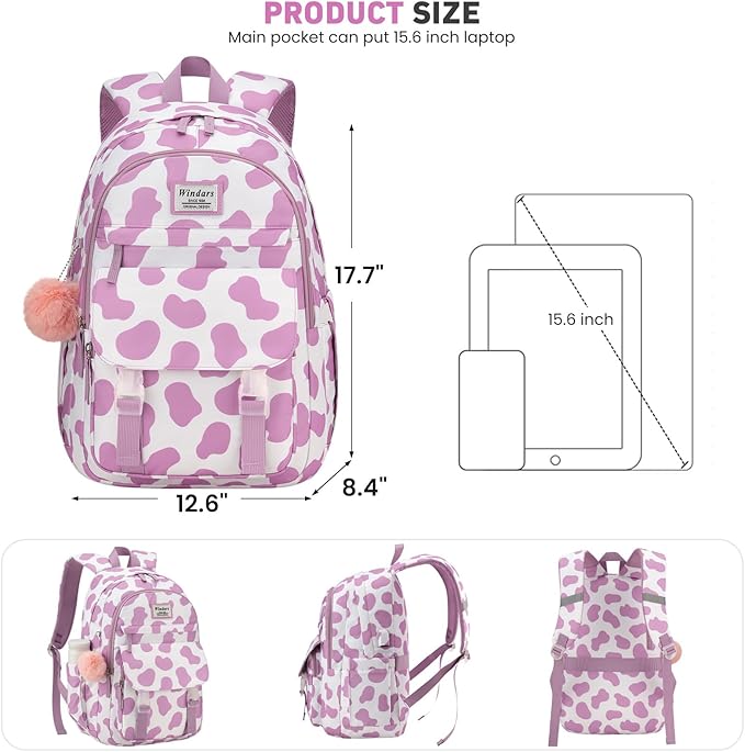 School Backpack for Teen Girls, Cute College Backpacks for Women Students Aesthetic Bookbag Large 15.6 Inch Laptop Bag Middle School Travel Back Pack (Cow Print Purple)