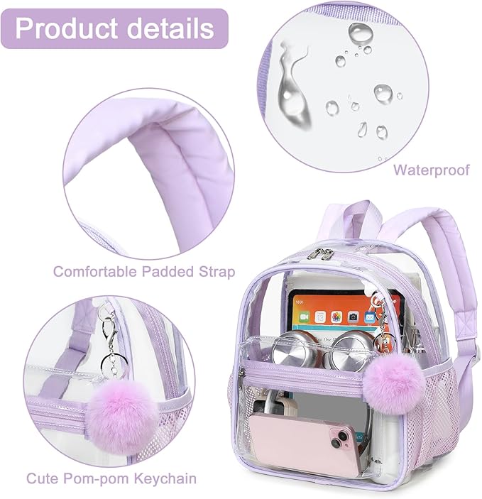 BTOOP Clear Mini Backpack for Stadium Events 12x12x6 Small Transparent Backpacks Plastic See Through Clear Bag for Concerts Work Festival Security Travel Purple