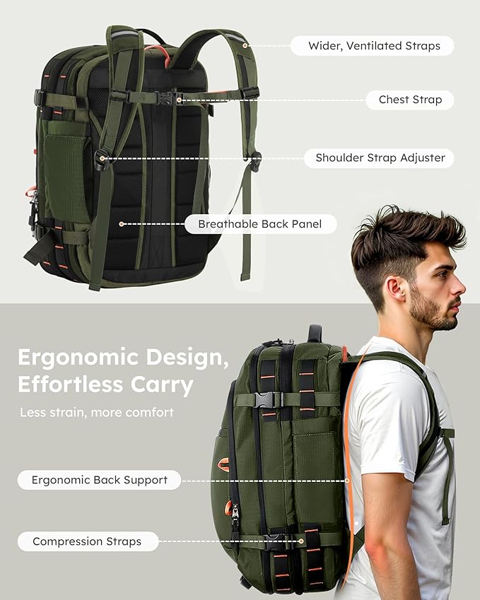 Tolaccea Travel Backpack, TSA Friendly Flight Approved Carry-on Luggage Water-resistant Business Rucksack, Durable Large Computer Bag Daypack Fits 15.6 Inch Laptop, 35-45L Expandable - Green | TSA Friendly, Flight Approved, Carry-on Luggage, Water-resi...