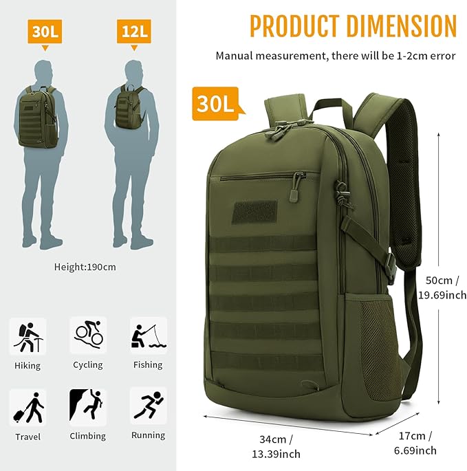 HUNTVP 10L/20L/30L Tactical Backpack Military MOLLE Backpack Rucksack Gear Tactical Assault Pack for Hunting Camping Trekking (30L-Army Green)