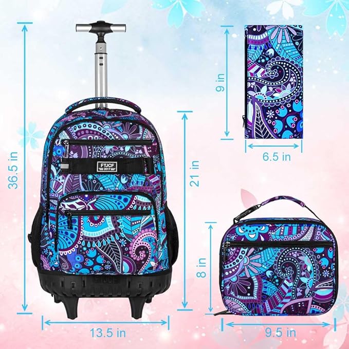 Rolling Backpack for Womens and Mens, Adults Wheeled Bookbag with Lunch Box for Girls and Boys.