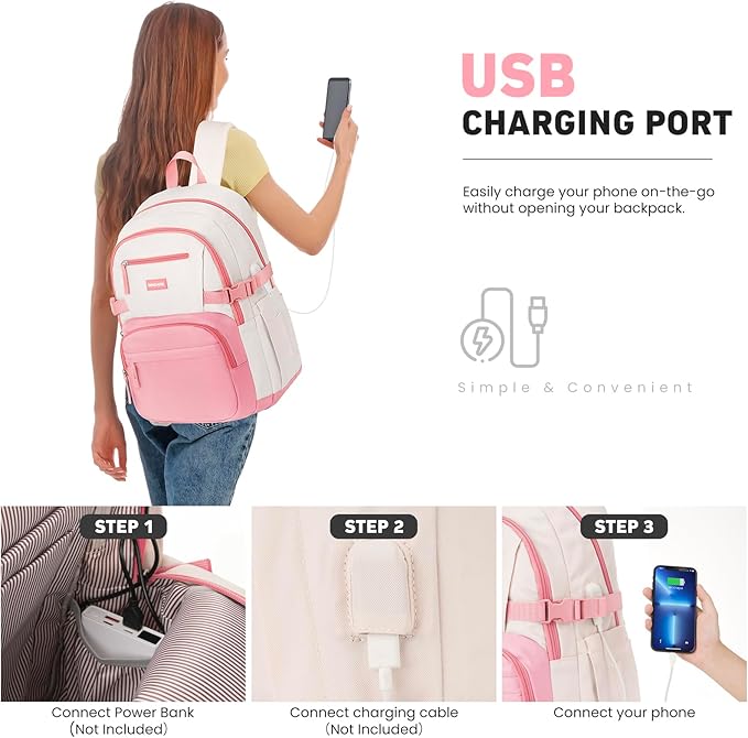Backpack for School Girls, Cute High School Backpacks for Teens Women Student Large Bookbag 15.6 Inch Laptop Bag with USB Charger Port for College Work Travel Trip (Pink Beige)