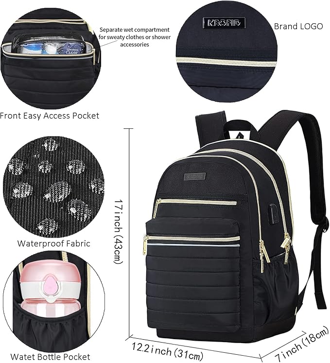KEOFID Casual Backpack for Women, Work Backpack for Women, Back pack for School College, Carry-On travel backpacks, Anti-Theft Womens backpacks, School bookbag for girls(Black and Gold)