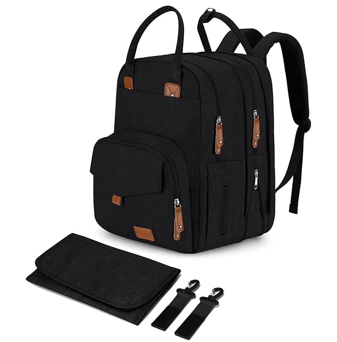 Extra Large Diaper Bag Backpack for Two Kids Twins - Expandable Baby Bag (26-36L), Dual Big Compartments - Includes Changing Pad & Stroller Straps, Unisex Black