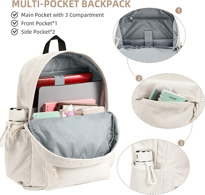 School Backpack for Teens, Corduroy Bookbag with 6X Cute Pin Accessories, Lightweight High School College Laptop Bags, Women Travel Daypacks