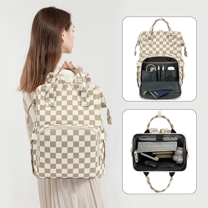 Laptop Backpack for Women, Corduroy College School Backpack Bookbag 15.6 inch Business Computer Travel Backpack (Checkered Brown)