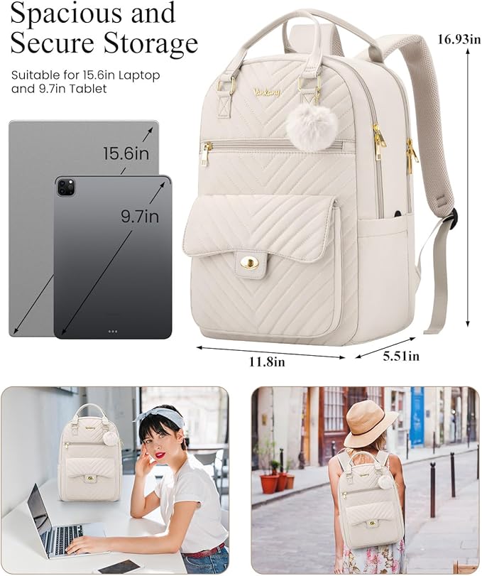 Aesthetic Bookbag for School Girls, Laptop Backpack with Charging Hole for College Women Teens Casual Daypack, Beige