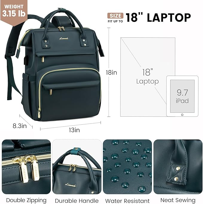 LOVEVOOK Leather Laptop Backpack for Women 18 inch,Travel Backpack Purse Nurse Teacher Backpack Computer Laptop Bag,Professional College Business Work Bag Carry On Backpack with USB Port,Dark Green