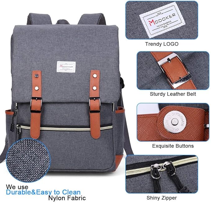 Modoker Eco-Friendly Vintage Laptop Backpack for Women Men,Travel Backpacks with USB Charging Port Fashion Backpack Fits 15.6Inch Notebook, Grey