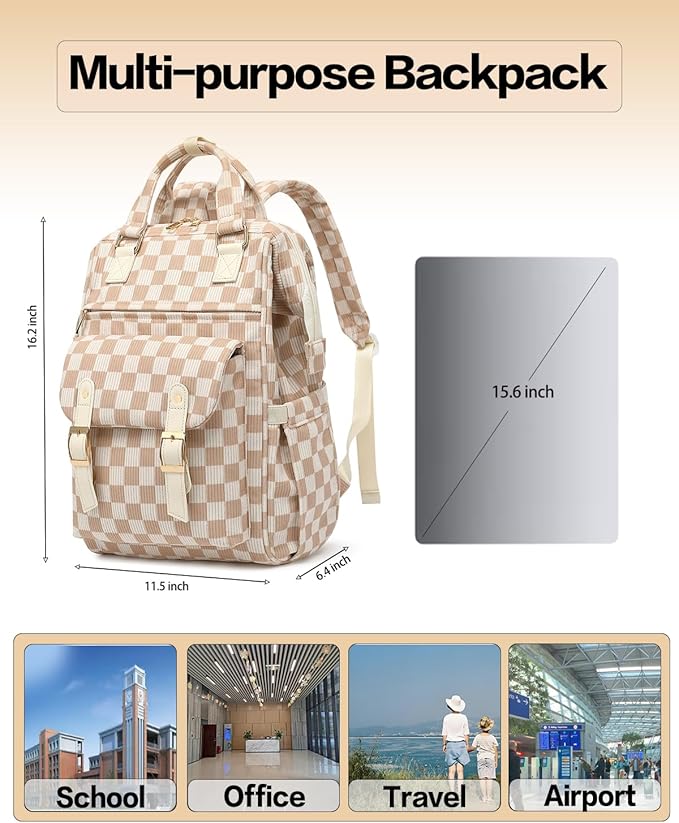 Laptop Backpacks for Women, Corduroy High School College Bookbag 15.6 Inch Laptop Bags for Girls Travel Daypack - Checkered Brown