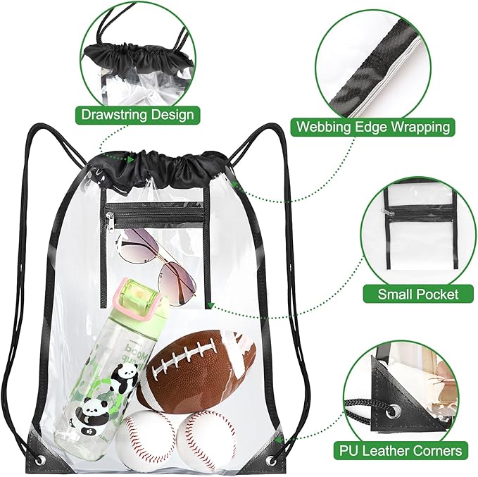 Clear Drawstring Bag, 17x13in Transparent Backpack, Clear Bag for Stadium Approved Concert Baseball Festival Beach Makeup Gym Bag (1, Black)