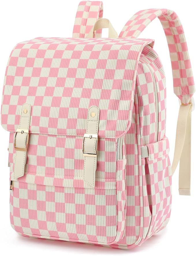 Corduroy Laptop Backpack for Women, Fits 15.6 Inch Computer Bag, College High School Bookbag Travel Daypack Purse, Work Business Bags - Corduroy Checkered Pink