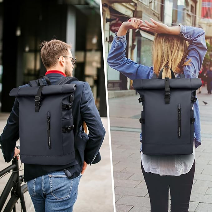 Rolltop Backpack for Men Women, 15.6 Inch Waterproof Travel Backpack with USB Charging Port, Expandable 18-27L Laptop Backpack Casual Daypack for Work Business College-Blue