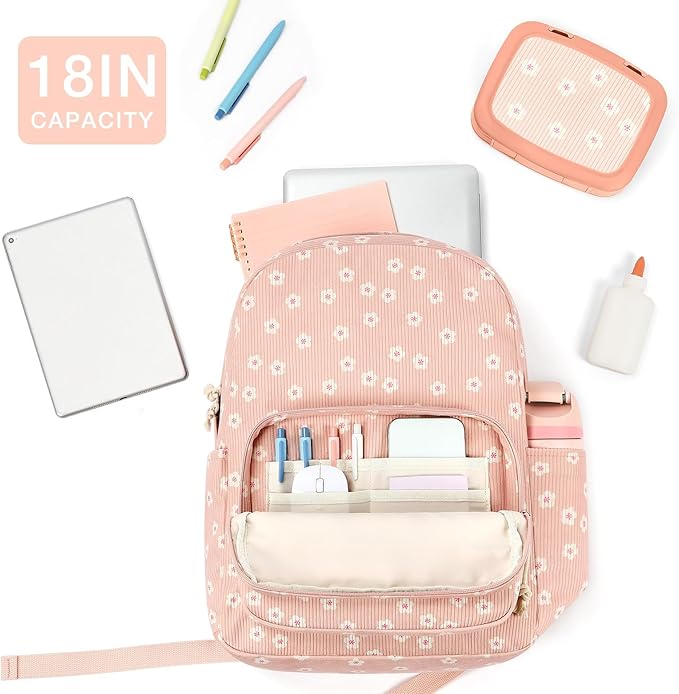 mibasies School Backpack for Girls with Laptop Sleeve: 18IN Large Capacity Corduroy Bookbag for Primary Middle School/College, Travel Daypack for Teens Women - Pink Flower