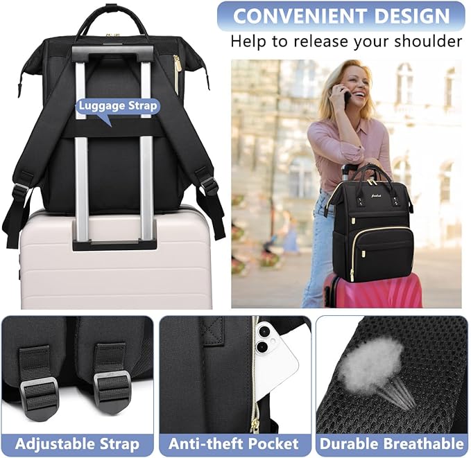 Women Laptop Backpack Teacher Bags: 17.3 Inch Nurse Computer Backpack with USB Port Work Bag Stylish Travel Daypack Bookbag Waterproof for Business Woman Gifts BLACK