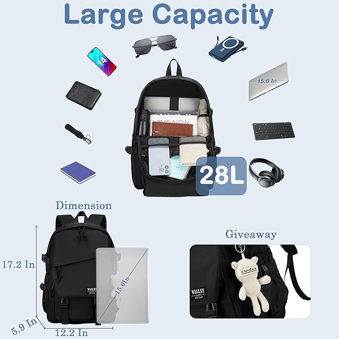 Hidds College Laptop Backpack for Men Women 15.6 Elementary Middle High School Book Bag For Teens Girls Boys Anti Theft Travel Backpacks Waterproof Casual Daypack Large Student Bookbags（Black-M）